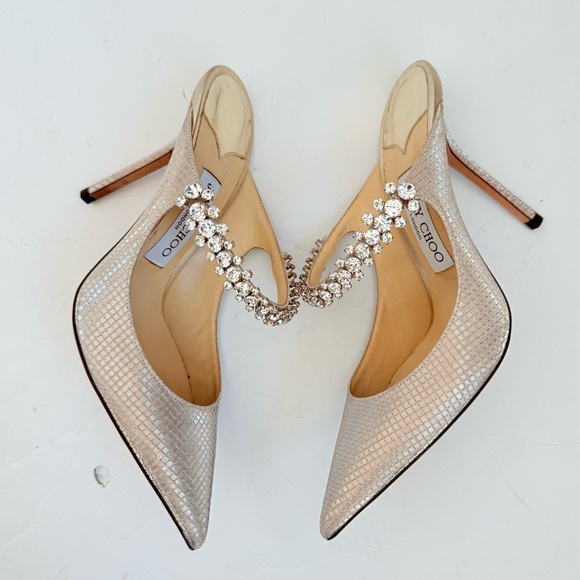 Jimmy Choo Gold Champagne Bing 100 Glitter Fabric Mules w/ Crystal Strap EU 37.5 - Picture 6 of 10